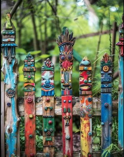 Colorful painted wooden totem poles arranged on a garden fence with green foliage behind