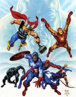 Illustrated Marvel Avengers superhero team in action poses including Iron Man, Thor, Captain America, Spider-Man