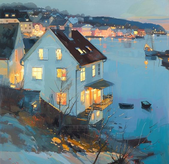 Coastal Village at Dusk