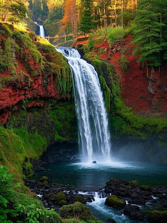 Waterfall flowing into blue pool surrounded by colorful autumn trees and green moss in forest setting