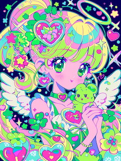 Anime girl with long green hair, angel wings, and colorful kawaii decorations including hearts and stars