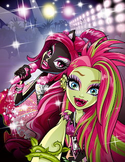 Two animated Monster High characters with pink and green hair under colorful stage lights