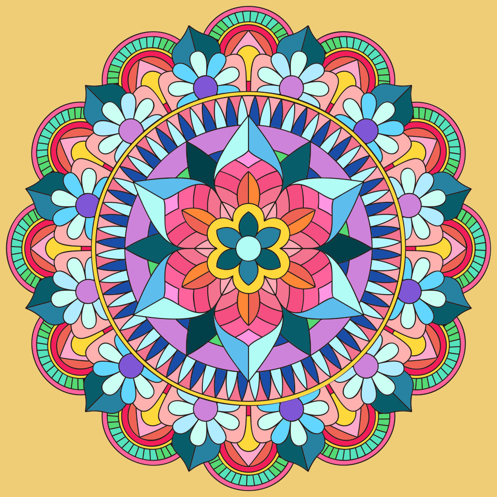 Colorful floral mandala illustration with symmetrical geometric patterns on a beige background