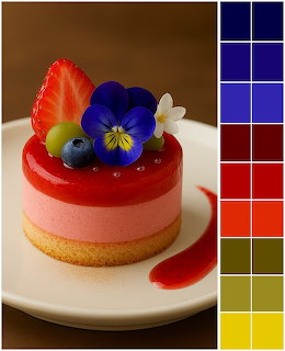 Layered mousse cake with berries and edible flower on white plate