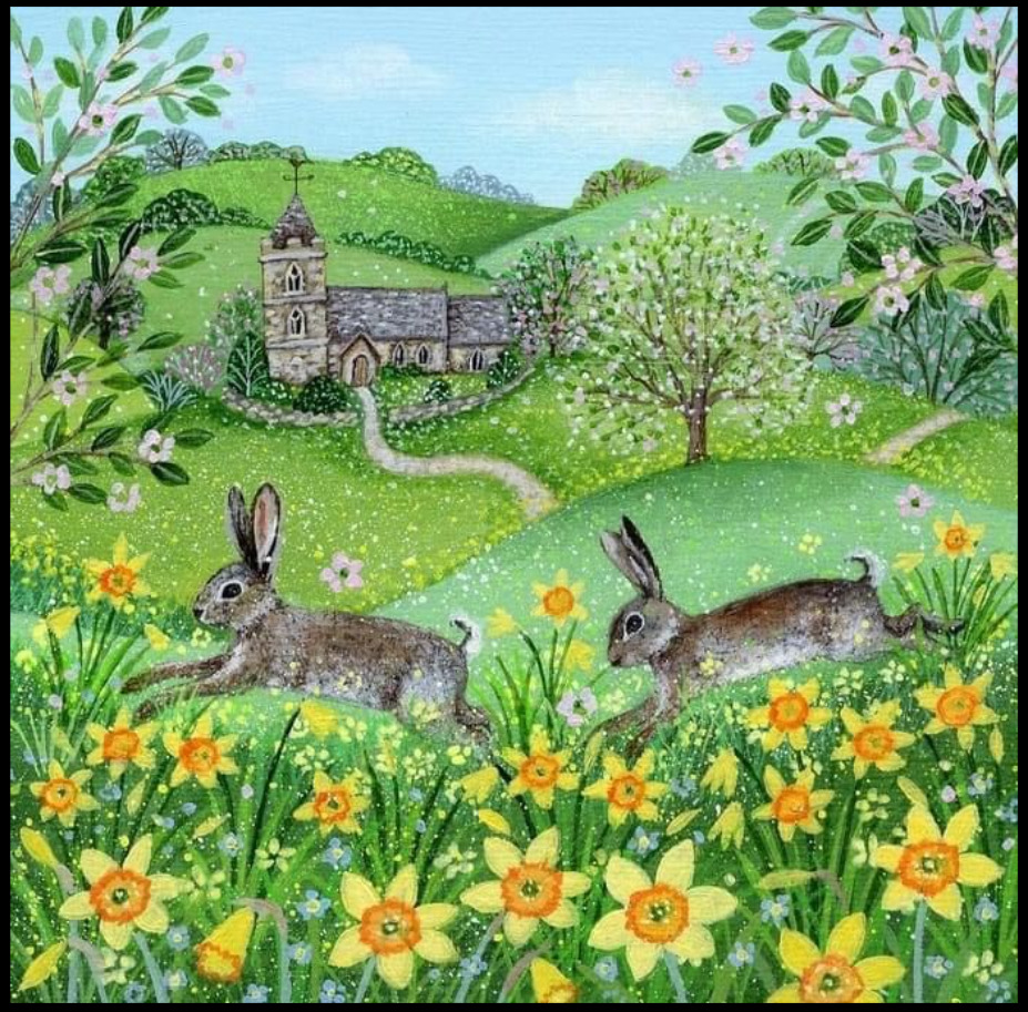 Two rabbits in a wildflower meadow with a church, trees, and green hills behind them