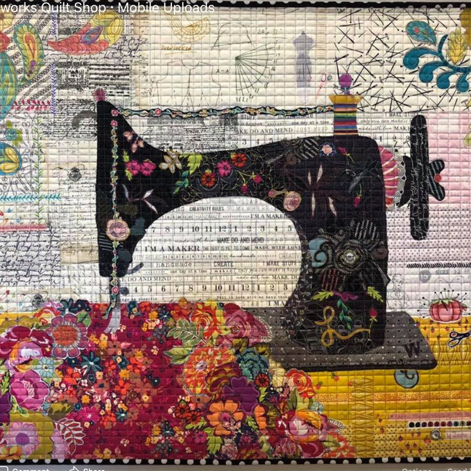 Vintage sewing machine silhouette on colorful floral patchwork collage background
