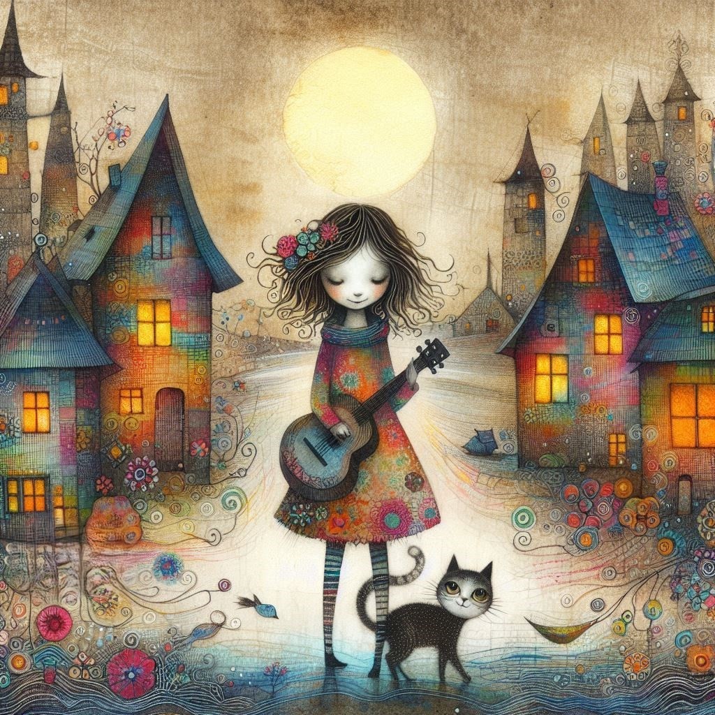 Whimsical girl with guitar and black cat in moonlit fantasy village with colorful houses
