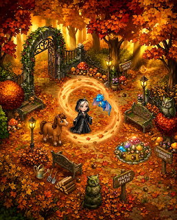 Girl with glowing umbrella in magical autumn garden with ornate gate, lanterns, and vibrant fall colors