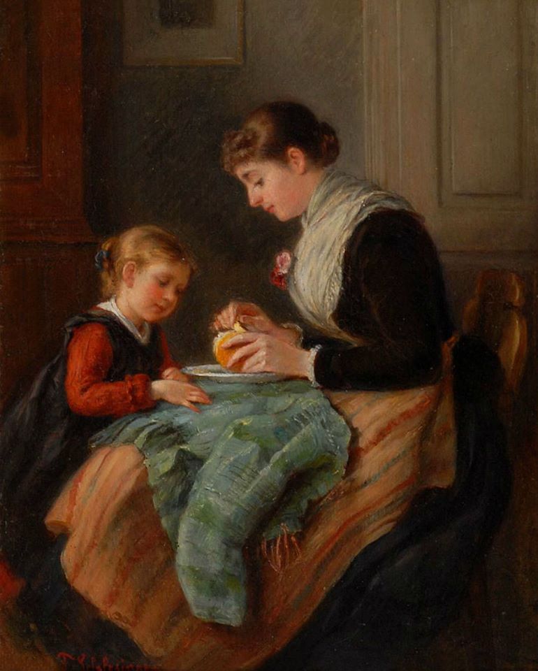 Oil painting of a woman peeling fruit with a young child watching beside her in a dark interior