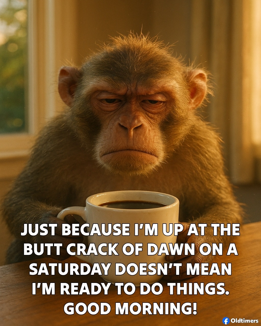 Monkey sitting at a table holding a coffee mug with a funny morning quote overlay
