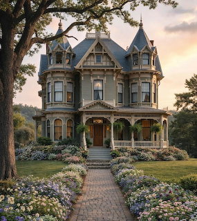 Victorian mansion with turrets, porch, and a flower-lined brick path