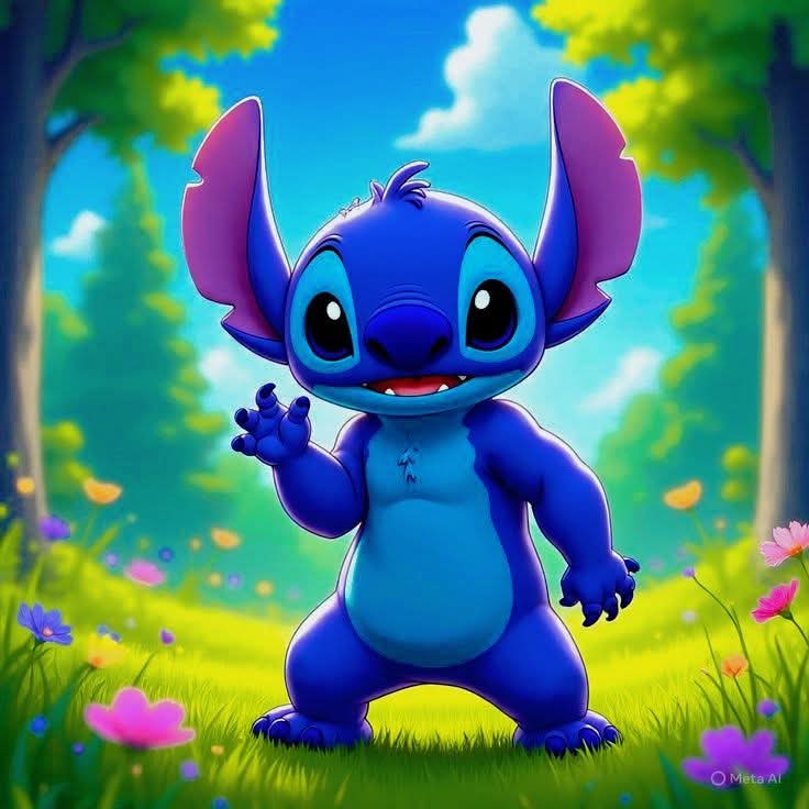 Stitch waving in a sunny forest clearing with flowers and trees
