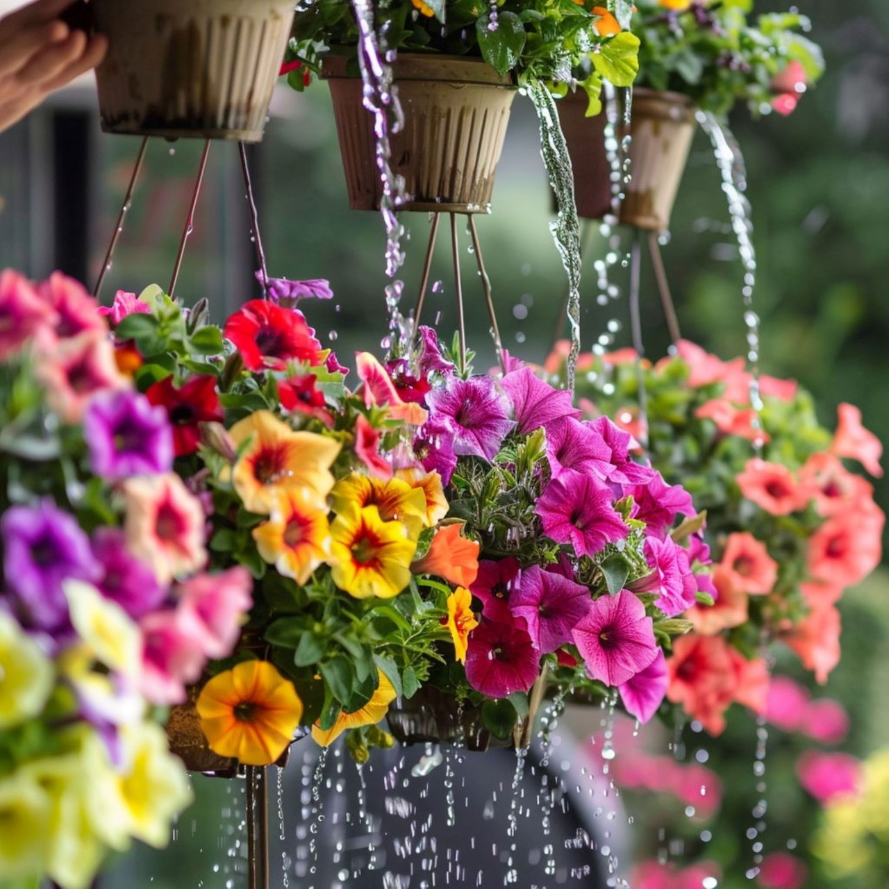 Multiple hanging baskets with colorful petunias in pink, purple, yellow, and red flowers suspended by chains