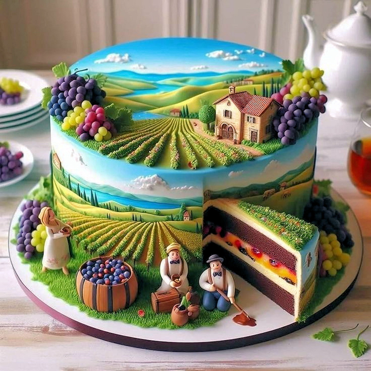 Round cake decorated with painted farm landscape scene, vineyard rows, grape clusters, and cross-section showing rainbow layers
