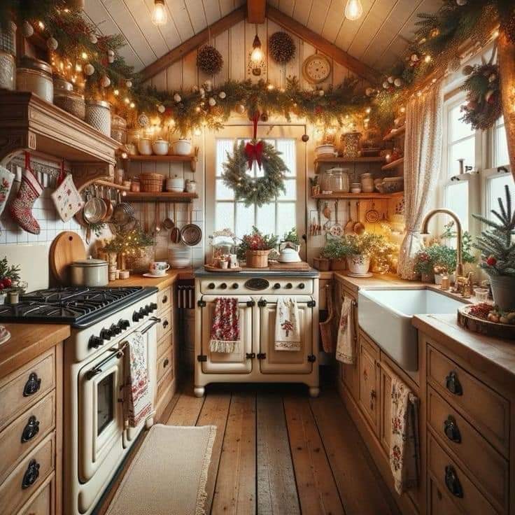 Rustic kitchen decorated with Christmas lights, wreaths, and holiday greenery