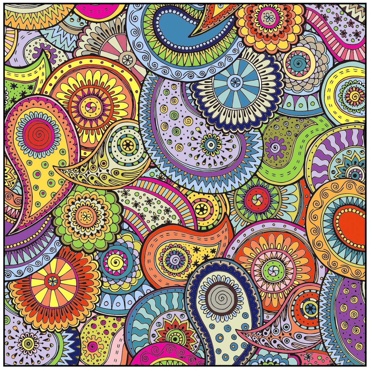 Vibrant overlapping paisley and mandala patterns in multiple colors with intricate decorative details