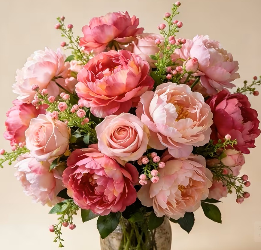 Pink peony and rose bouquet in a glass vase on a soft beige background