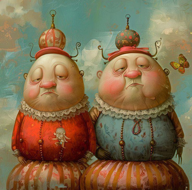 Whimsical painting of two round men in ornate hats and vintage red and blue outfits
