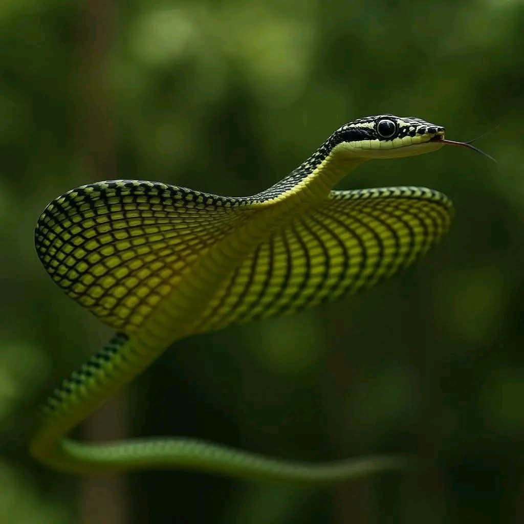 Paradise tree snake with yellow and black scales in S-curve pose against green bokeh background