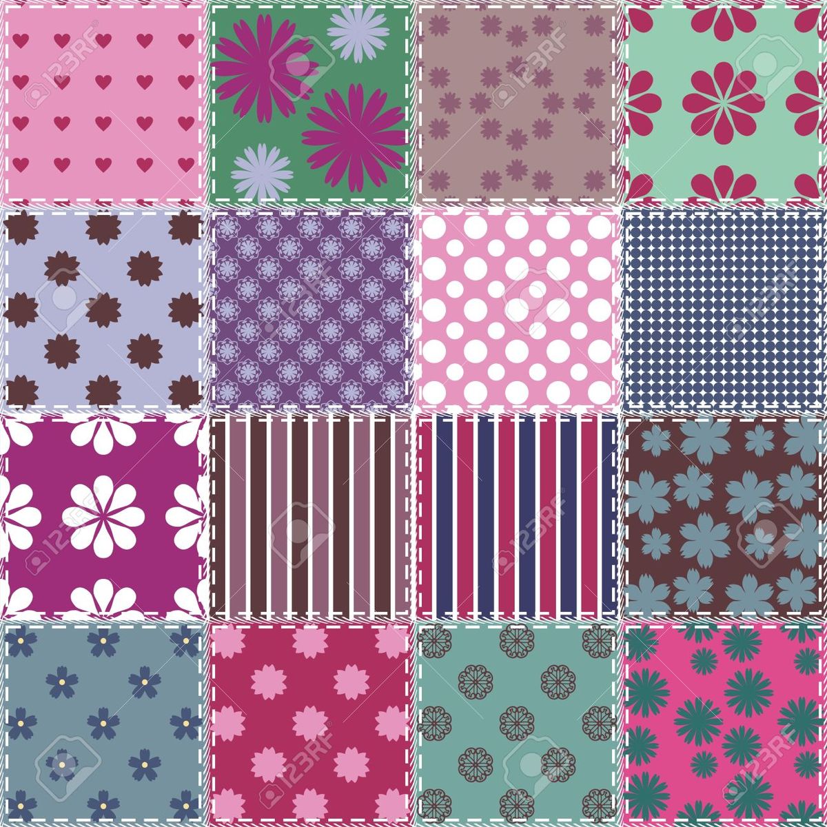 Grid of sixteen patchwork squares with various floral, geometric, and heart patterns in pink, purple, and teal colors