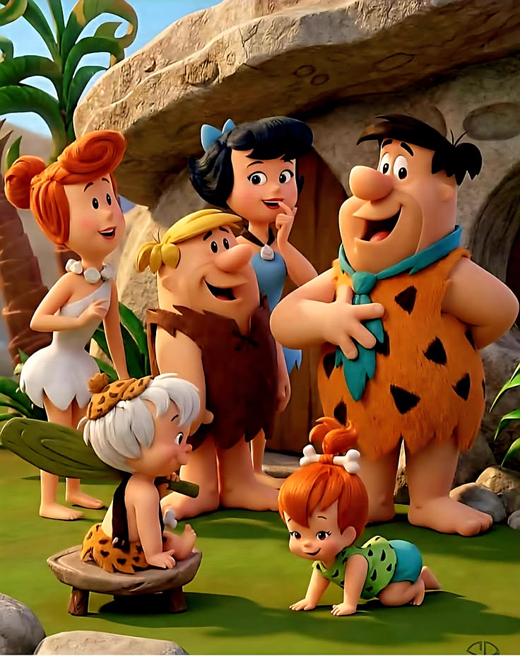 Flintstones and Rubbles cartoon families posing together in front of stone cave homes