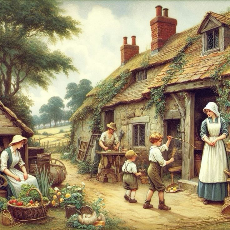 Painted scene of thatched cottage with villagers in countryside setting