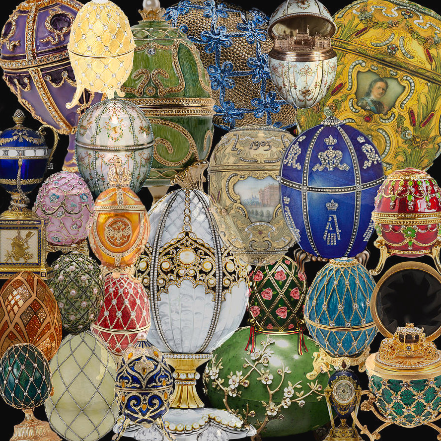 Collection of ornate jeweled Fabergé-style eggs in various colors with gold filigree and enamel detailing