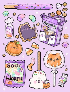 Cute kawaii Halloween stickers with ghosts, candy corn, cat cookies, sour worms, and spooky juice box on pink background