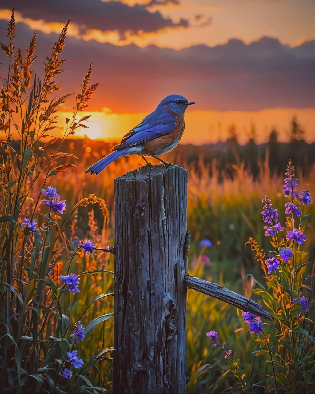 Blue bird on a wooden fence post among wildflowers at sunrise