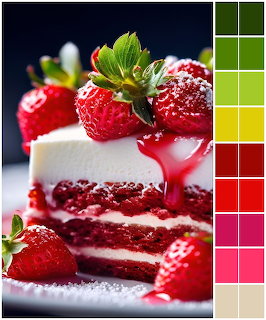Slice of red velvet cake with fresh strawberries and red sauce drip next to a color palette grid