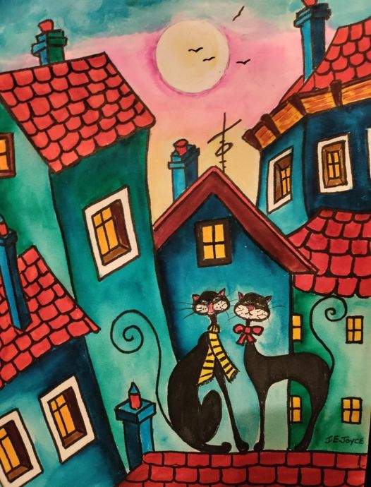 Two stylized cats sitting on turquoise rooftops with red tiles under a pink sky and full moon