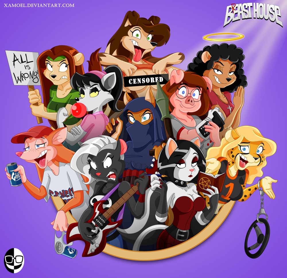 Stylized female cartoon characters grouped together on a purple background with the Beast House logo