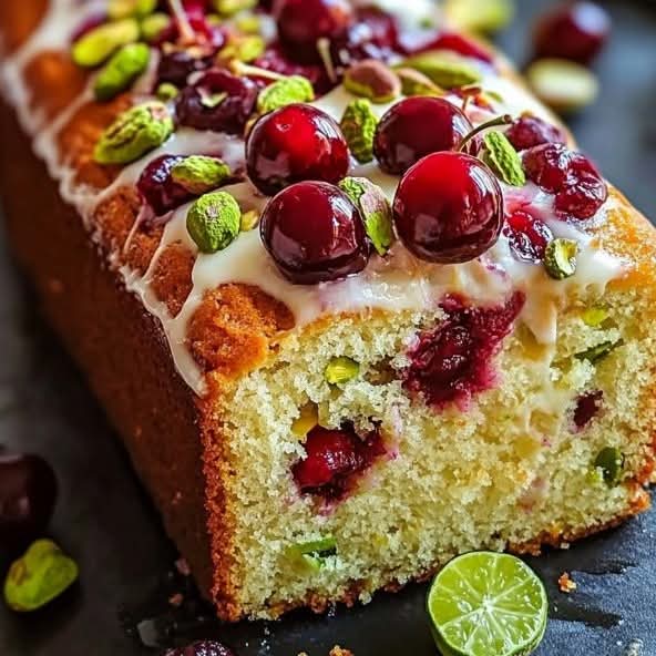 Close-up of a glazed cherry and pistachio loaf cake with a sliced lime on a dark surface