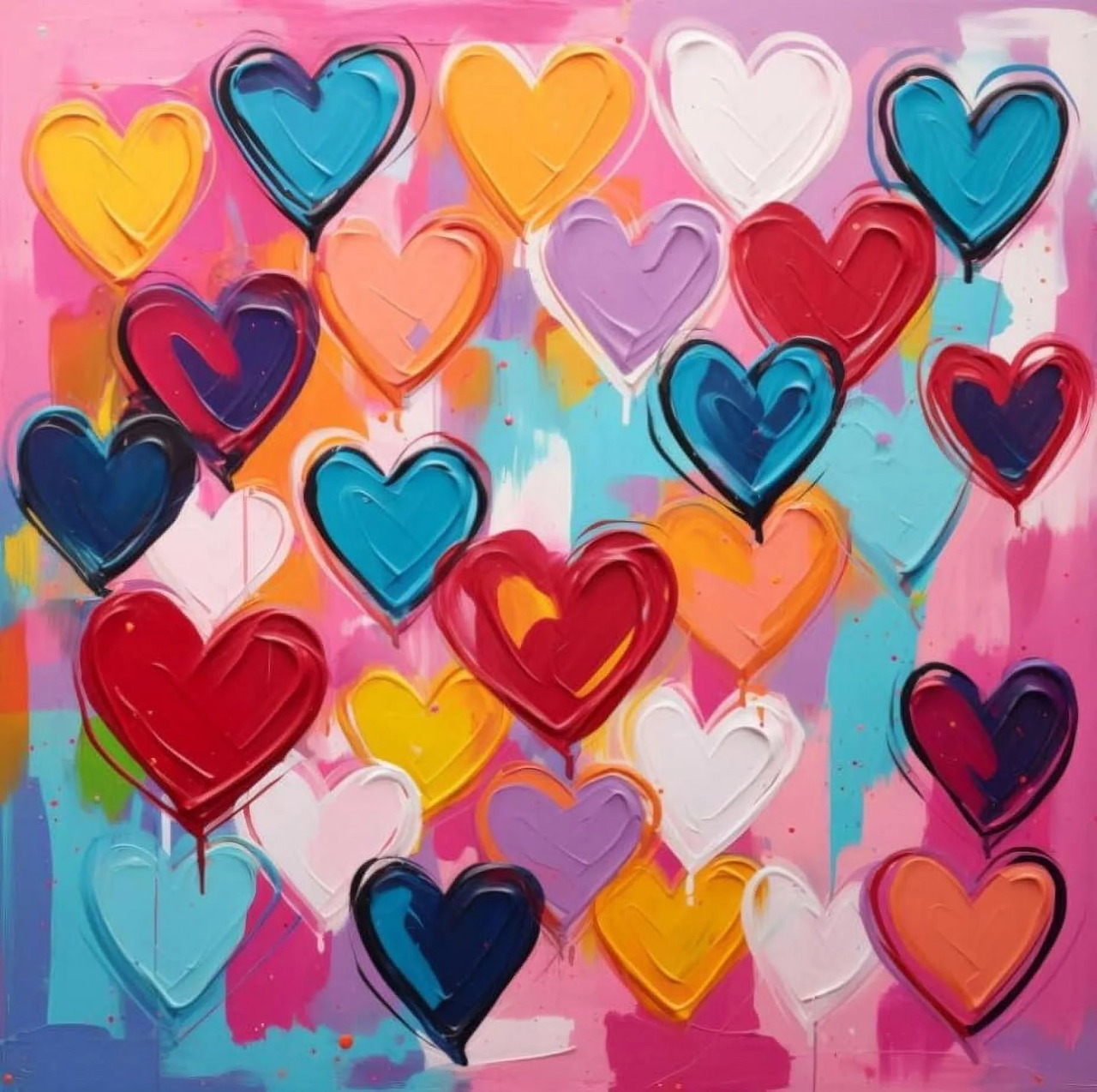 Colorful painted hearts in various sizes overlapping on a pink and multicolored background
