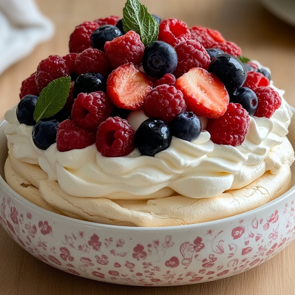 Pavlova meringue with whipped cream and mixed berries including strawberries, raspberries, and blueberries, garnished with mint