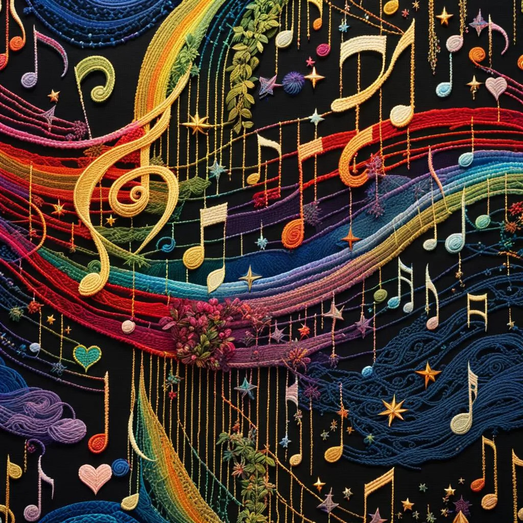 Colorful swirling musical notes and symbols flowing across a dark background with rainbow wave patterns