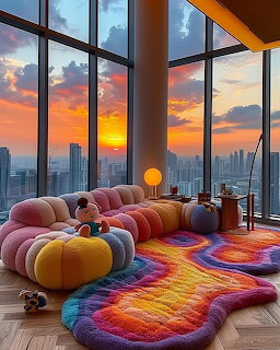 Modern apartment with large windows, sunset cityscape view, colorful curved sofa and rainbow rug on wooden floor