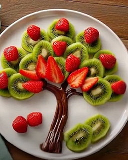 Sliced kiwi and strawberries arranged as a tree with chocolate trunk on white plate