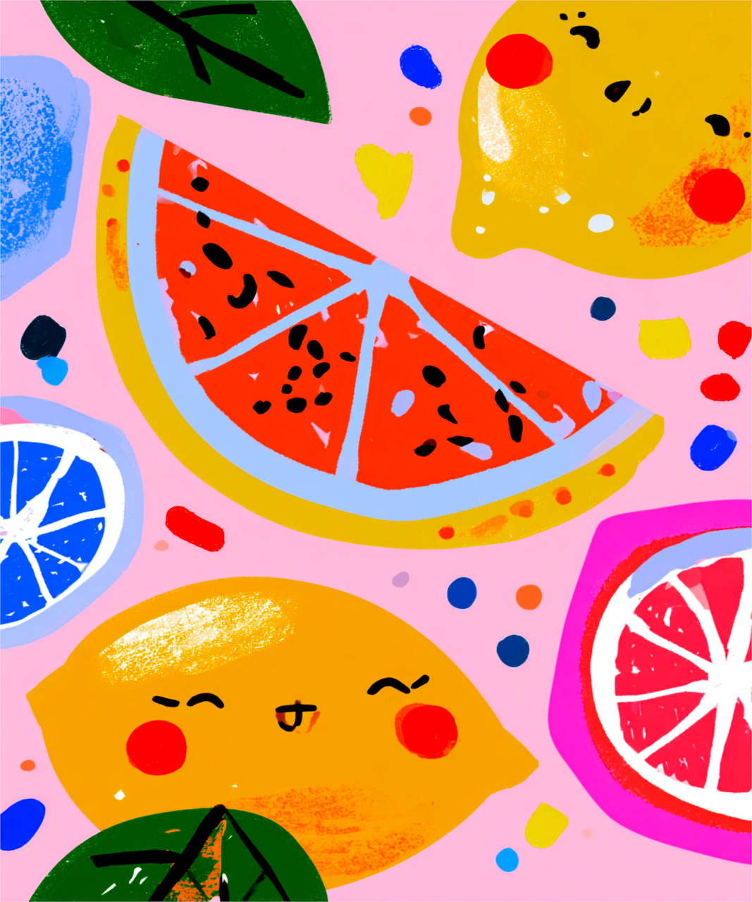 Colorful fruit illustration with watermelon, lemon, and citrus slices on a pink background