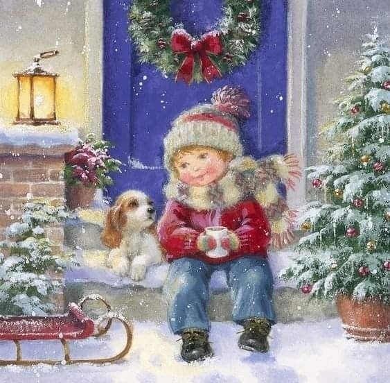 Painting of a girl with hot cocoa sitting on snowy steps beside a dog and Christmas tree