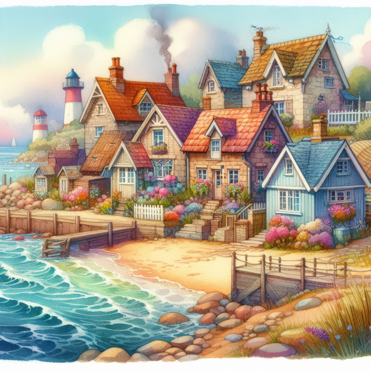 Colorful seaside cottages clustered near a lighthouse with flowers and ocean in a painted style