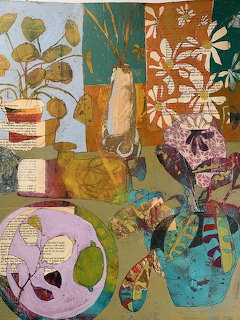 Abstract mixed media collage with botanical motifs, vases, and layered paper elements in vibrant colors