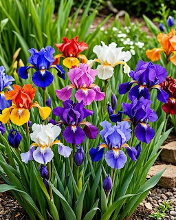 Colorful irises and tulips blooming in a spring garden bed with vibrant purple, yellow, red, and white flowers