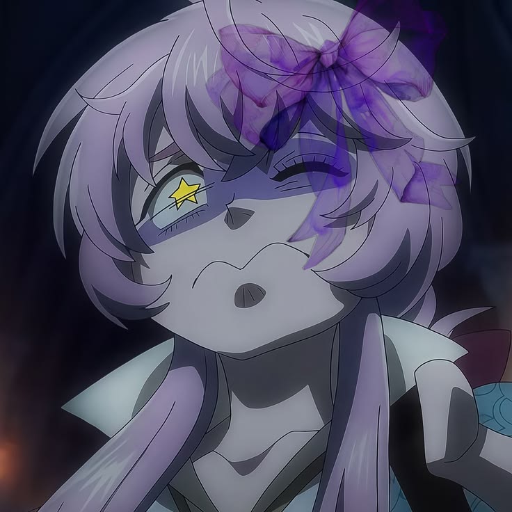 Anime girl with purple hair and yellow eyes looking up with gentle expression