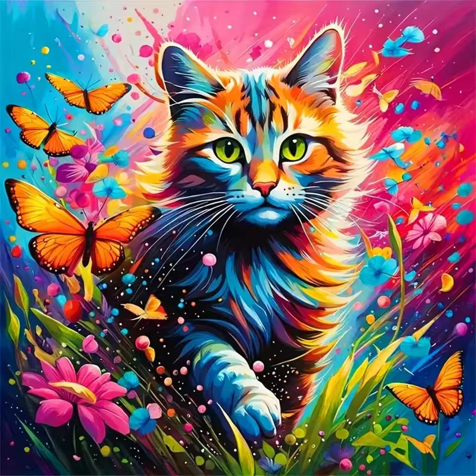 Colorful illustrated cat with bright fur surrounded by orange butterflies and pink flowers on rainbow background