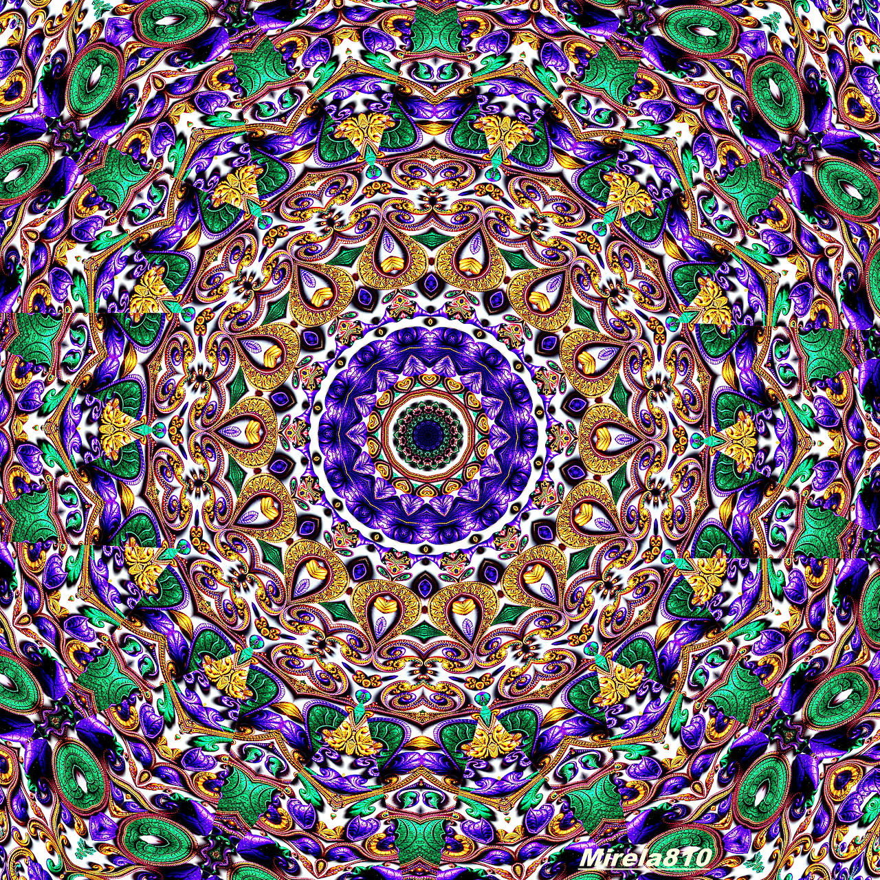 Vibrant symmetrical mandala with intricate geometric patterns in purple, green, yellow, and orange radiating from blue center