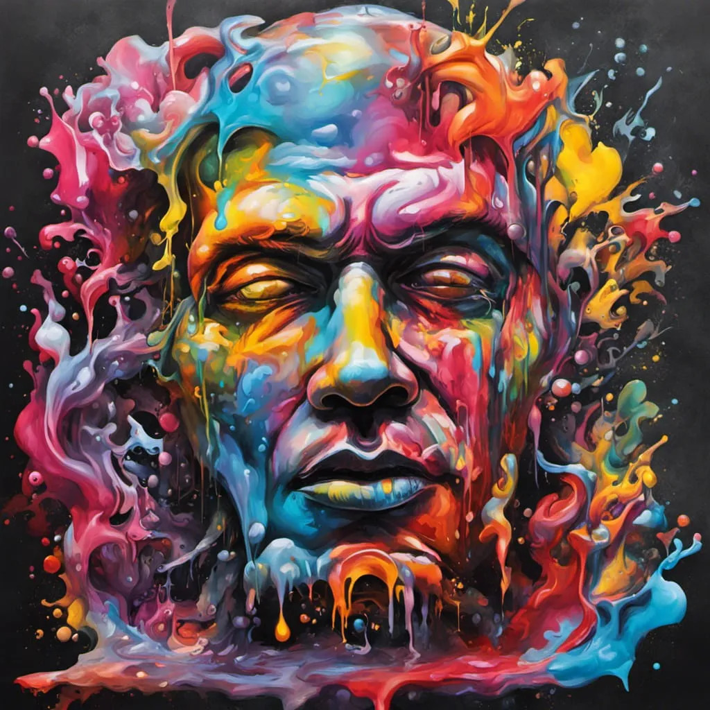 Abstract face artwork with vivid rainbow colors dripping and splashing in explosive patterns on dark background