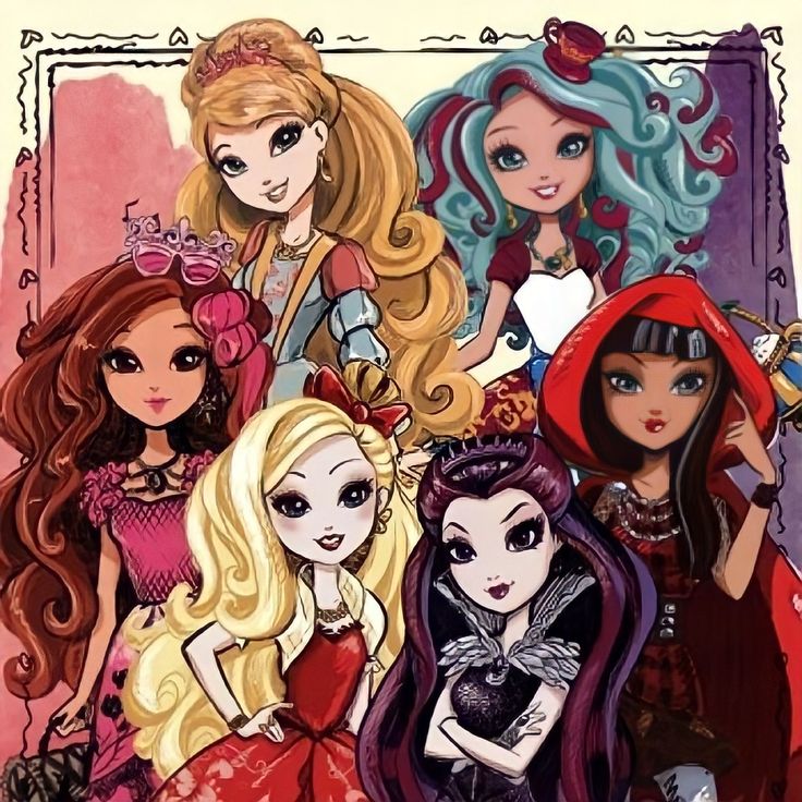 Six animated female characters with varied hairstyles and clothing posed together in an ornate frame