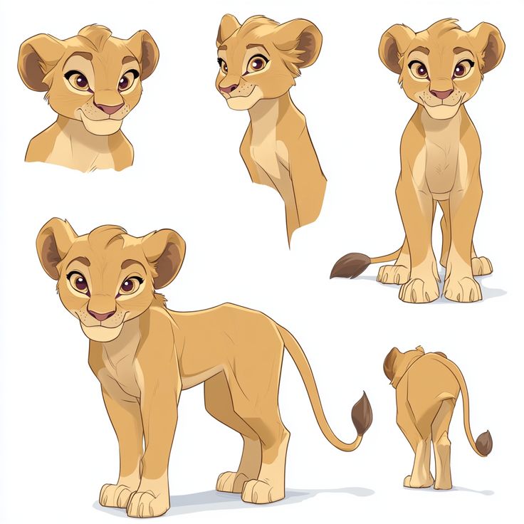 Illustration of a lion cub shown in several poses on a white background