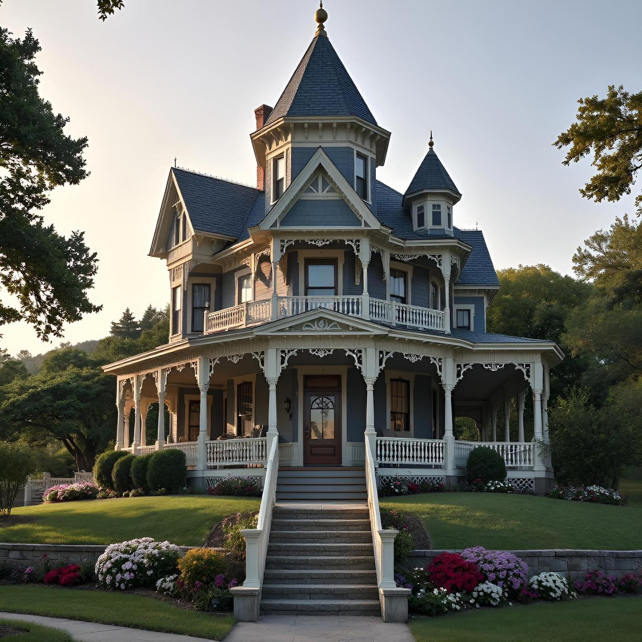 Victorian mansion with blue turrets, white trim, wraparound porch, front steps, and landscaped garden